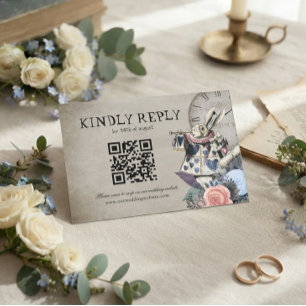 QR-Code Dustyblau Alice im Wunderland Hochzeit RSVP Karte