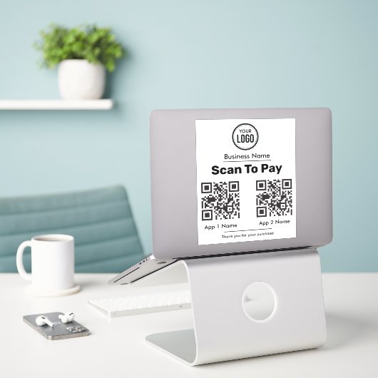 QR-Code E-Wallet-Bezahlung durch mobile digitale W Aufkleber (Laptop auf Schreibtisch)