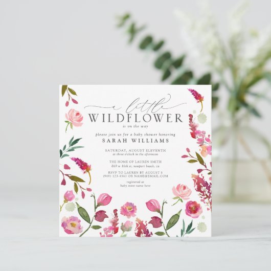 QR Code Eine kleine Wildblume Rosa Aquarelldusche Einladung (Stehend Vorderseite)