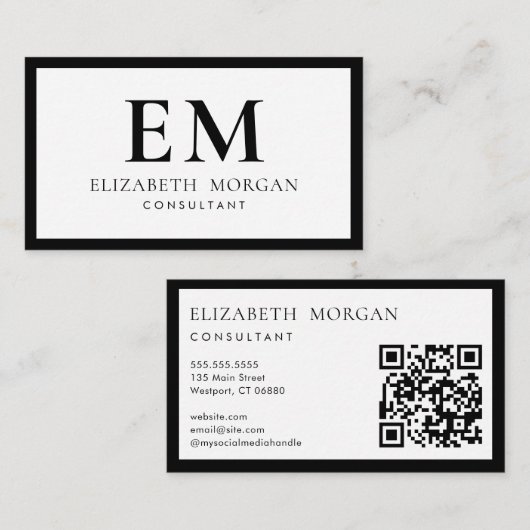 QR-Code Einfach Modernes Schwarz-weißes Monogramm Visitenkarte (Vorne/Hinten)