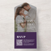 QR-Code | Einfache Dunkelorchid-Hochzeit Lila Foto All In One Einladung (Innen Boden)