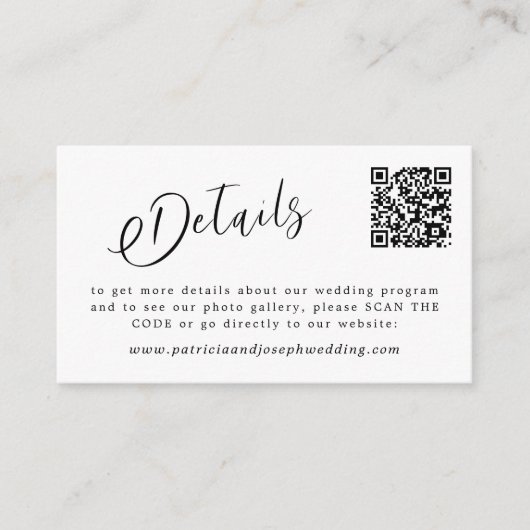 QR CODE einfache, elegante Skript Hochzeitsdetails Begleitkarte (Vorderseite)