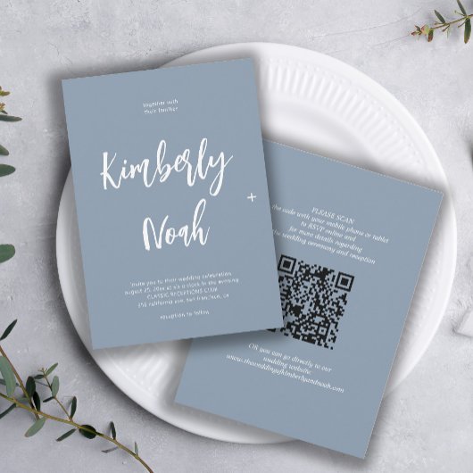 QR-Code einfache Namen Skript dusty Blue Hochzeit Einladung