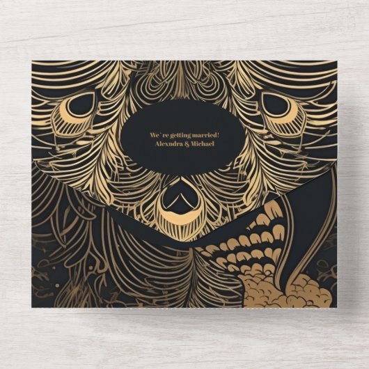 QR Code Elegant Art Deco Peacocks Wedding All In One Einladung (Rückseite)