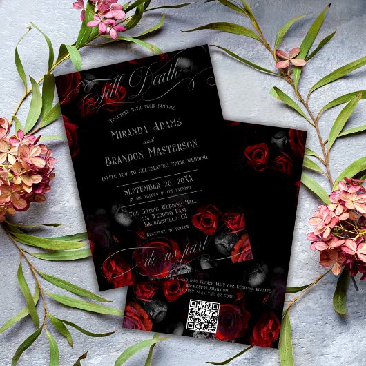 QR Code Elegant Black and Red Floral Wedding Einladung