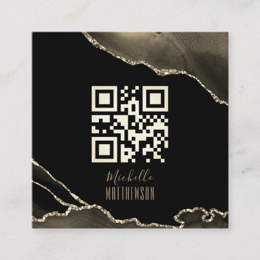QR Code Elegant Black Gold Agate Social Media Quadratische Visitenkarte (Vorderseite)