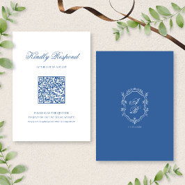 QR-Code Elegant Blue Monogram Wappen Script Hochze RSVP Karte