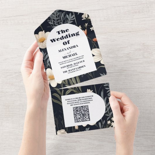 QR Code Elegant Boho Wildblume Wedding All In One Einladung (Abreißen)