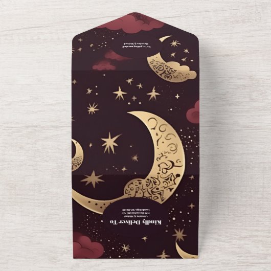 QR Code Elegant Burgundy Gold Celestial Wedding All In One Einladung (Außenbereich)