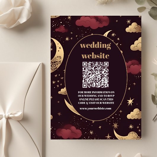 qr code Elegant Burgundy Gold Celestial Wedding Begleitkarte