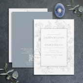 QR Code Elegant Dusty Blue Floral Line Art Wedding Einladung