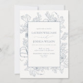 QR Code Elegant Dusty Blue Floral Line Art Wedding Einladung (Vorderseite)