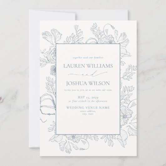 QR Code Elegant Dusty Blue Floral Line Art Wedding Einladung (Vorderseite)