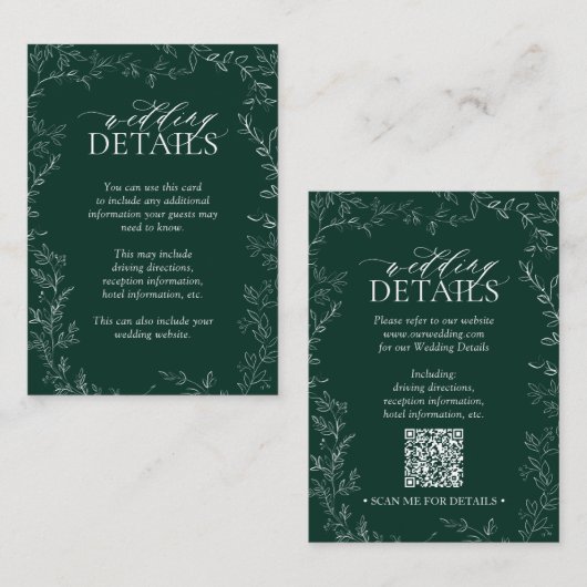 QR-Code Elegant Emerald Green Leaf Hochzeitsdetail Begleitkarte (Vorne/Hinten)
