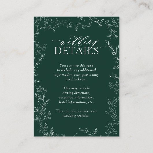 QR-Code Elegant Emerald Green Leaf Hochzeitsdetail Begleitkarte (Vorderseite)