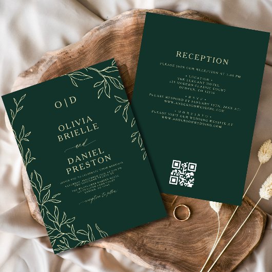QR Code Elegant Emerald Green Monogram Wedding Einladung