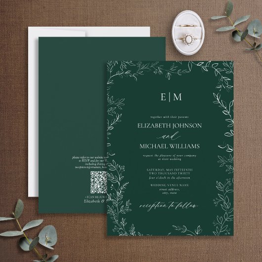 QR Code Elegant Emerald Green Monogram Wedding Einladung