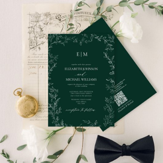 QR Code Elegant Emerald Green Monogram Wedding Einladung