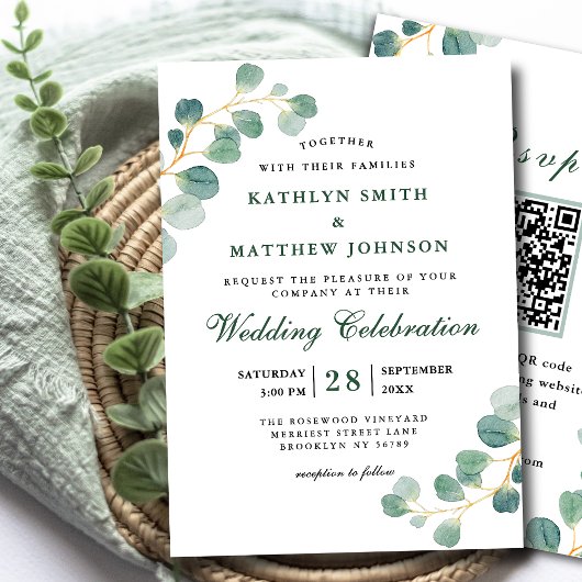 QR Code Elegant Eukalyptus Greenerity Wedding Einladung