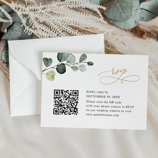 QR Code Elegant Eukalyptus Greenery Gold Wedding RSVP Karte