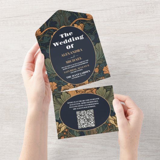 QR Code Elegant Floral Art Nouveau Wedding All In One Einladung (Abreißen)