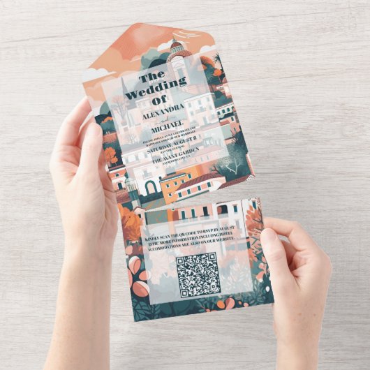 QR Code Elegant Italy Capri Destination Wedding All In One Einladung (Abreißen)