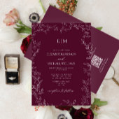 QR Code Elegant Leaf Burgundy Monogram Wedding Einladung