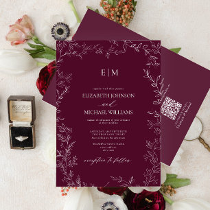 QR Code Elegant Leaf Burgundy Monogram Wedding Einladung