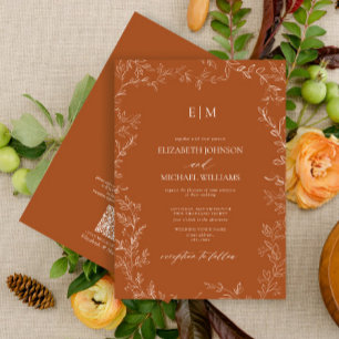 QR Code Elegant Leaf Burnt Orange Monogram Wedding Einladung