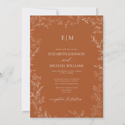 QR Code Elegant Leaf Burnt Orange Monogram Wedding Einladung (Vorderseite)