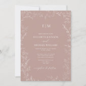 QR Code Elegant Leaf Dusty Rose Monogram Wedding Einladung (Vorderseite)