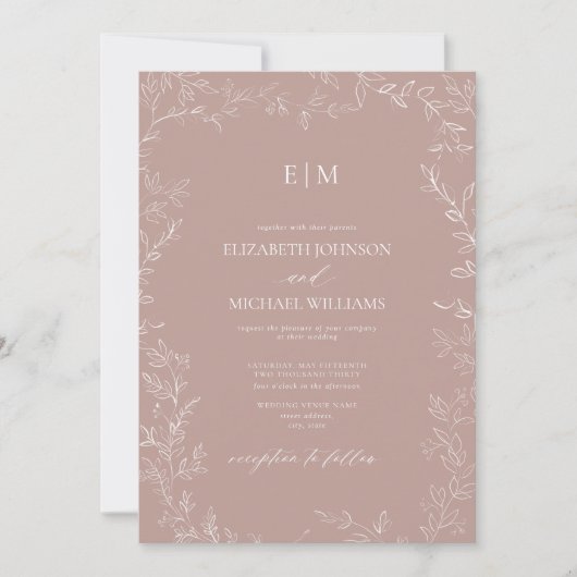 QR Code Elegant Leaf Dusty Rose Monogram Wedding Einladung (Vorderseite)
