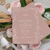QR Code Elegant Leaf Dusty Rose Monogram Wedding Einladung
