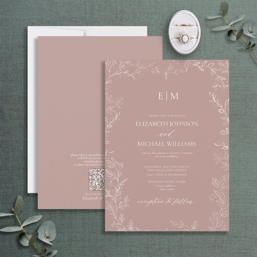 QR Code Elegant Leaf Dusty Rose Monogram Wedding Einladung