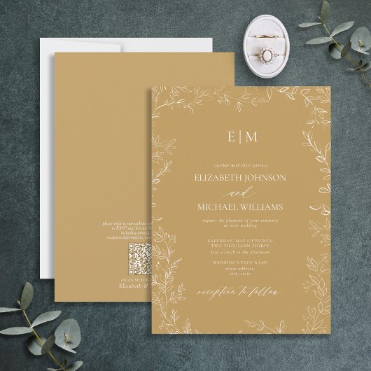 QR Code Elegant Leaf Gold Monogram Wedding Einladung