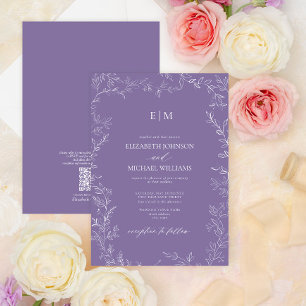 QR Code Elegant Leaf Lavender Monogram Wedding Einladung