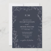 QR Code Elegant Leaf Navy Blue Monogram Wedding Einladung (Vorderseite)