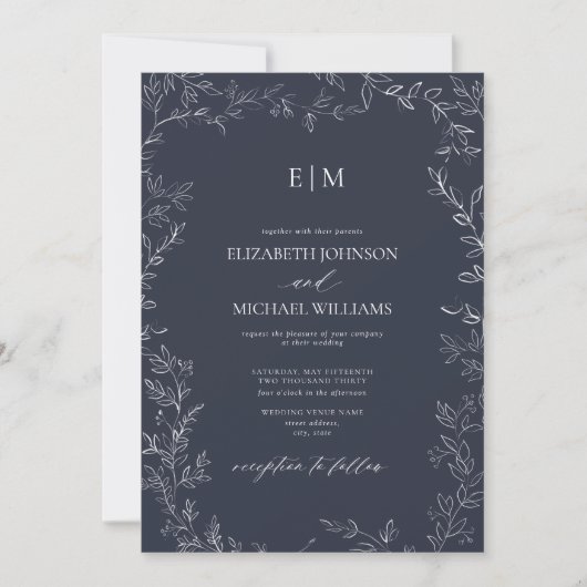 QR Code Elegant Leaf Navy Blue Monogram Wedding Einladung (Vorderseite)