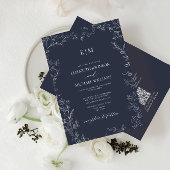 QR Code Elegant Leaf Navy Blue Monogram Wedding Einladung