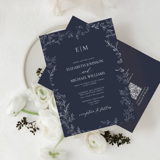 QR Code Elegant Leaf Navy Blue Monogram Wedding Einladung