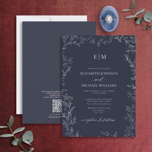 QR Code Elegant Leaf Navy Blue Monogram Wedding Einladung