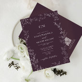 QR-Code Elegant Leaf Plum Lila Monogram Wedding Einladung