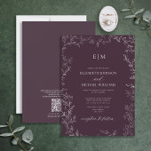 QR-Code Elegant Leaf Plum Lila Monogram Wedding Einladung