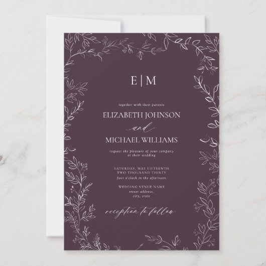 QR-Code Elegant Leaf Plum Lila Monogram Wedding Einladung (Vorderseite)