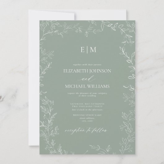QR Code Elegant Leaf Sage Green Monogram Wedding Einladung (Vorderseite)