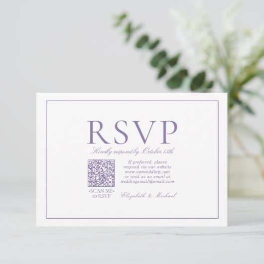 QR Code Elegant Lilac Lavender Classic Script RSVP Karte (Stehend Vorderseite)