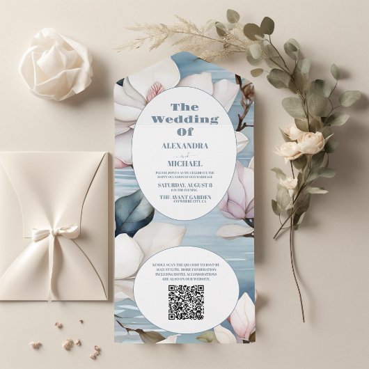 QR Code Elegant Magnolia Wedding All In One Einladung