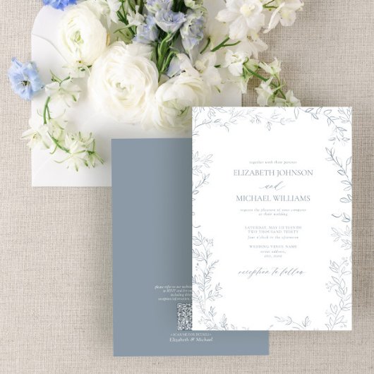 QR Code Elegant Minimal Leaf Dusty Blue Wedding Einladung