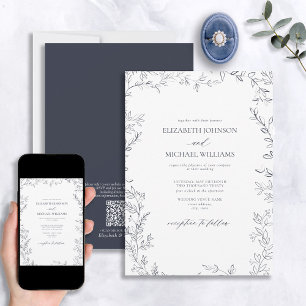 QR Code Elegant Minimal Leaf Navy Blue Wedding Einladung