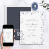 QR Code Elegant Minimal Leaf Navy Blue Wedding Einladung